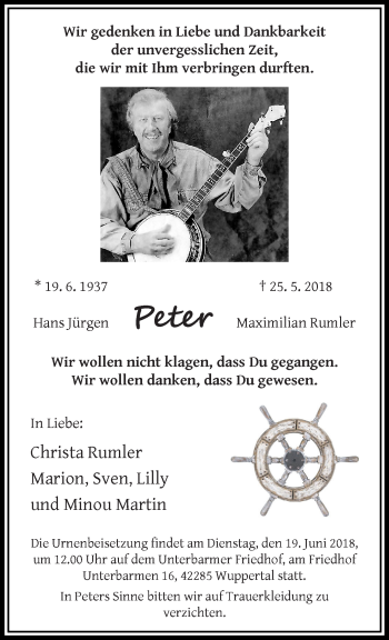 Traueranzeige von Hans Jürgen Peter Maximilian Rumler von trauer.wuppertaler-rundschau.de