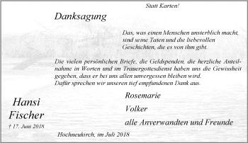 Traueranzeige von Hansi Fischer von trauer.stadt-kurier.de