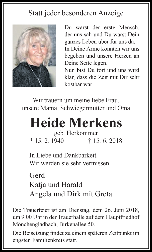  Traueranzeige für Heide Merkens vom 24.06.2018 aus trauer.extra-tipp-moenchengladbach.de