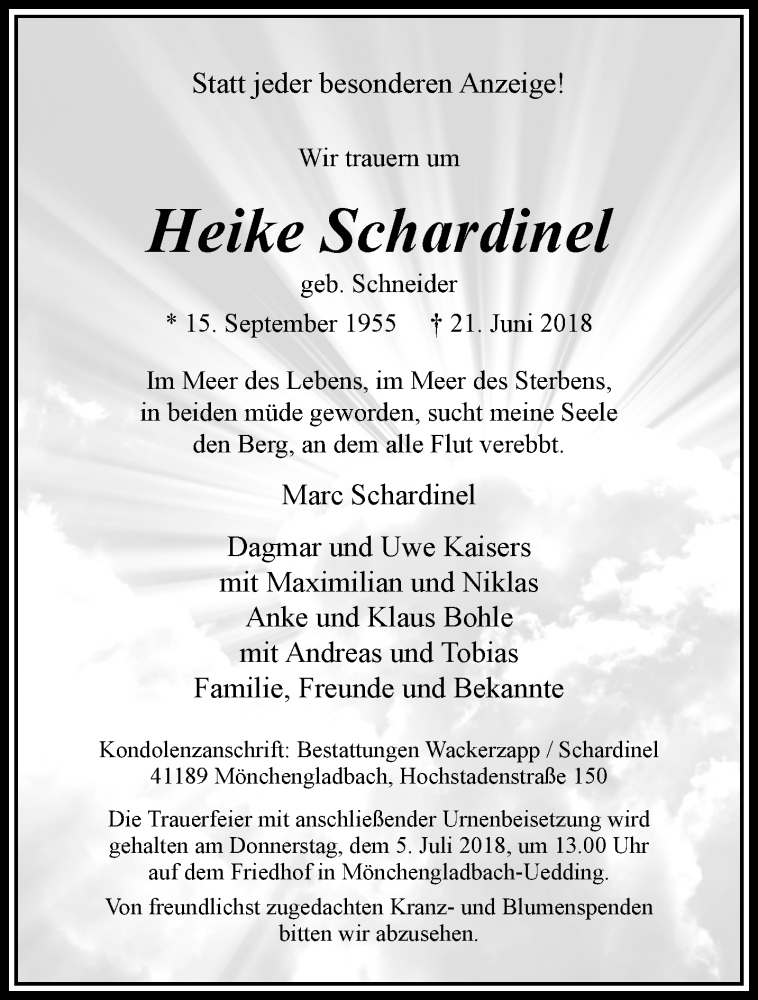  Traueranzeige für Heike Schardinel vom 01.07.2018 aus trauer.extra-tipp-moenchengladbach.de