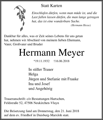 Traueranzeige von Hermann Meyer von trauer.stadt-panorame.de