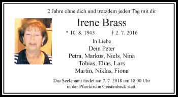 Traueranzeige von Irene Brass von trauer.extra-tipp-moenchengladbach.de