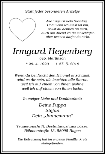 Traueranzeige von Irmgard Hegenberg von trauer.wuppertaler-rundschau.de