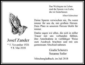 Traueranzeige von Josef Zander von trauer.extra-tipp-moenchengladbach.de