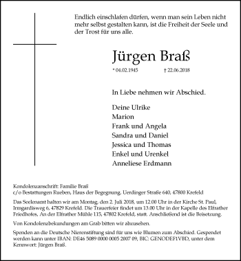 Traueranzeige von Jürgen Braß von trauer.mein.krefeld.de
