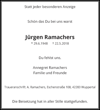 Traueranzeige von Jürgen Ramachers von trauer.wuppertaler-rundschau.de