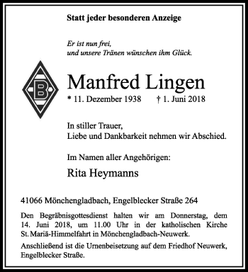 Traueranzeige von Manfred Lingen von trauer.extra-tipp-moenchengladbach.de