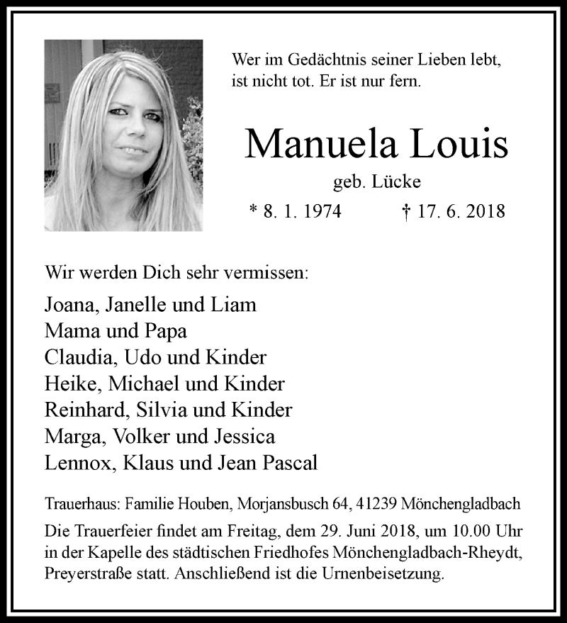  Traueranzeige für Manuela Louis vom 24.06.2018 aus trauer.extra-tipp-moenchengladbach.de
