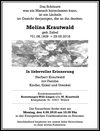 Traueranzeige von Melina Krautwald von trauer.extra-tipp-moenchengladbach.de