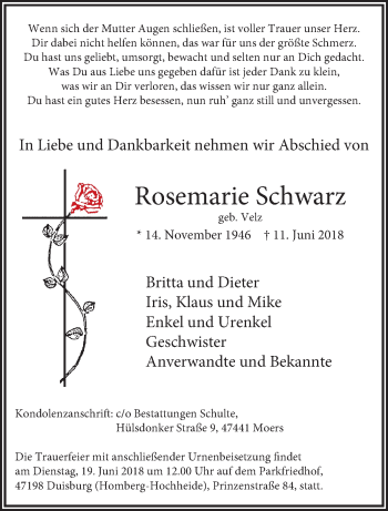 Traueranzeige von Rosemarie Schwarz von trauer.stadt-panorame.de