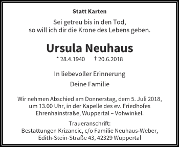 Traueranzeige von Ursula Neuhaus von trauer.wuppertaler-rundschau.de