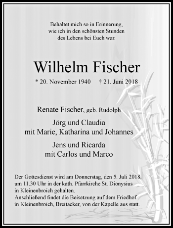 Traueranzeige von Wilhelm Fischer von trauer.extra-tipp-moenchengladbach.de