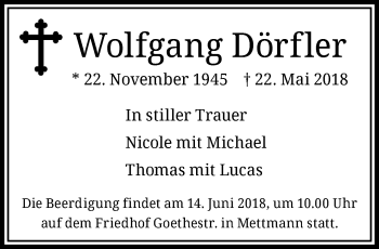 Traueranzeige von Wolfgang Dörfler von trauer.duesseldorfer-anzeiger.de