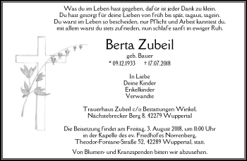 Traueranzeige von Berta Zubeil von trauer.wuppertaler-rundschau.de