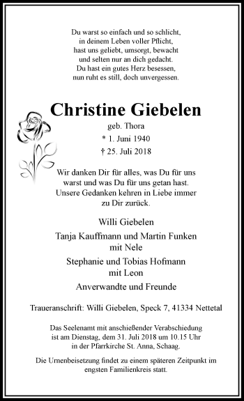 Traueranzeige von Christine Giebelen von trauer.extra-tipp-moenchengladbach.de