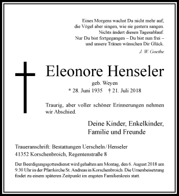 Traueranzeige von Eleonore Henseler von trauer.extra-tipp-moenchengladbach.de