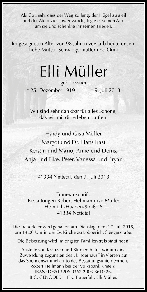  Traueranzeige für Elli Müller vom 15.07.2018 aus trauer.extra-tipp-moenchengladbach.de