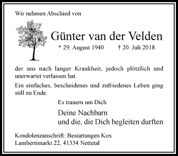 Traueranzeige von Günter van der Velden von trauer.extra-tipp-moenchengladbach.de