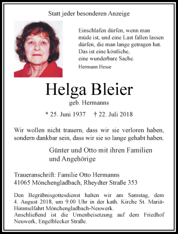 Traueranzeige von Helga Bleier von trauer.extra-tipp-moenchengladbach.de