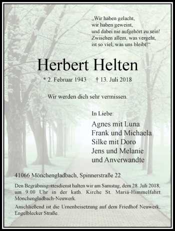 Traueranzeige von Herbert Helten von trauer.extra-tipp-moenchengladbach.de