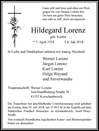 Traueranzeige von Hildegard Lorenz von trauer.extra-tipp-moenchengladbach.de