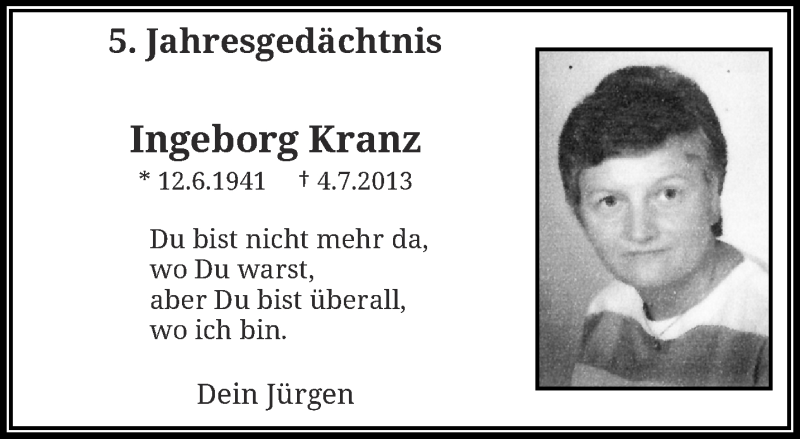  Traueranzeige für Ingeborg Kranz vom 07.07.2018 aus trauer.wuppertaler-rundschau.de