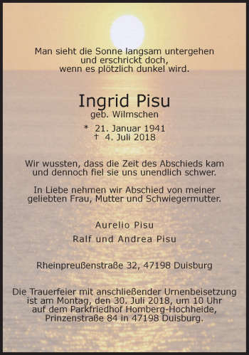 Traueranzeige von Ingrid Pisu von trauer.stadt-panorame.de