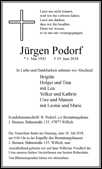 Traueranzeige von Jürgen Podorf von trauer.extra-tipp-moenchengladbach.de