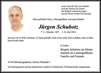 Traueranzeige von Jürgen Schubotz von trauer.extra-tipp-moenchengladbach.de