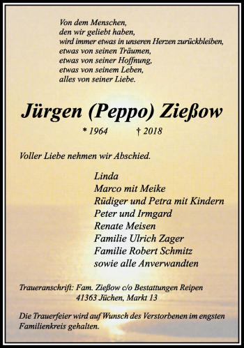 Traueranzeige von Jürgen Zießow von trauer.stadt-kurier.de