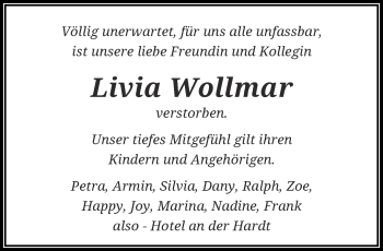 Traueranzeige von Livia Wollmar von trauer.wuppertaler-rundschau.de