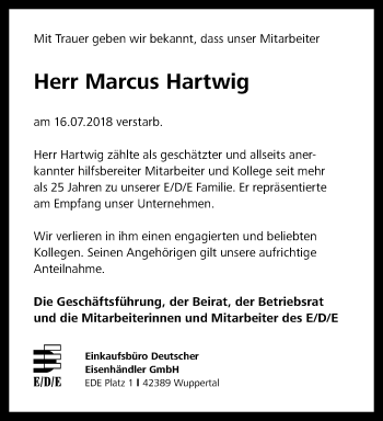 Traueranzeige von Marcus Hartwig von trauer.wuppertaler-rundschau.de