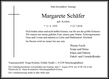 Traueranzeige von Margarete Schäfer von trauer.extra-tipp-moenchengladbach.de