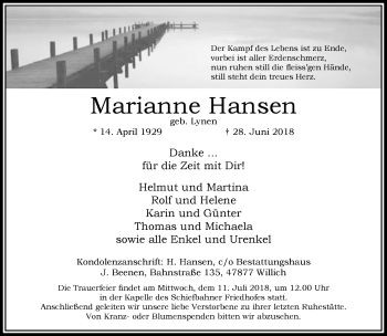 Traueranzeige von Marianne Hansen von trauer.extra-tipp-moenchengladbach.de