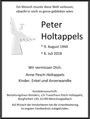 Traueranzeige von Peter Holtappels von trauer.extra-tipp-moenchengladbach.de