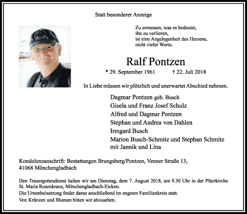  Traueranzeige für Ralf Pontzen vom 29.07.2018 aus trauer.extra-tipp-moenchengladbach.de