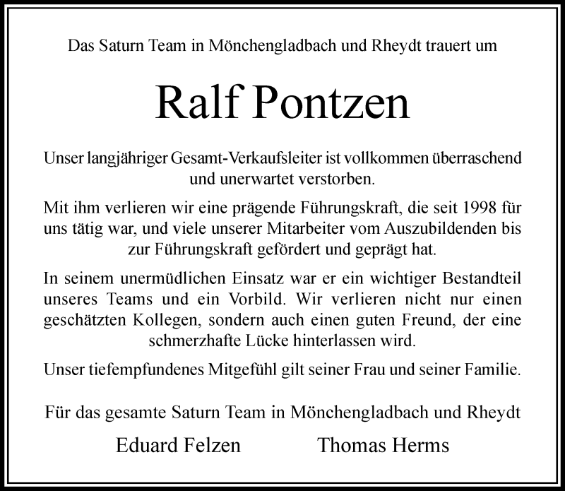  Traueranzeige für Ralf Pontzen vom 29.07.2018 aus trauer.extra-tipp-moenchengladbach.de