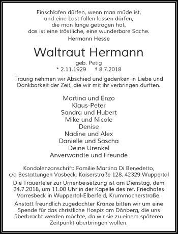 Traueranzeige von Waltraut Hermann von trauer.wuppertaler-rundschau.de