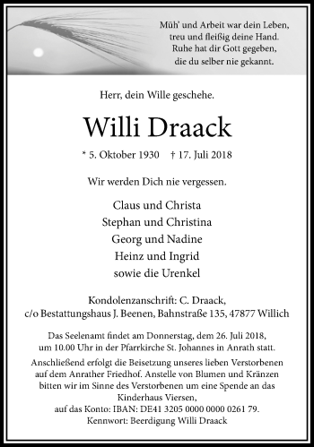 Traueranzeige von Willi Draack von trauer.extra-tipp-moenchengladbach.de