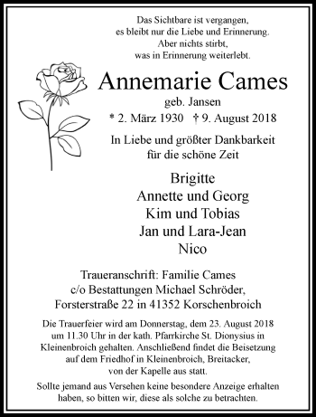 Traueranzeige von Annemarie Cames von trauer.extra-tipp-moenchengladbach.de