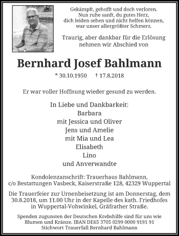 Traueranzeige von Bernhard Josef Bahlmann von trauer.wuppertaler-rundschau.de