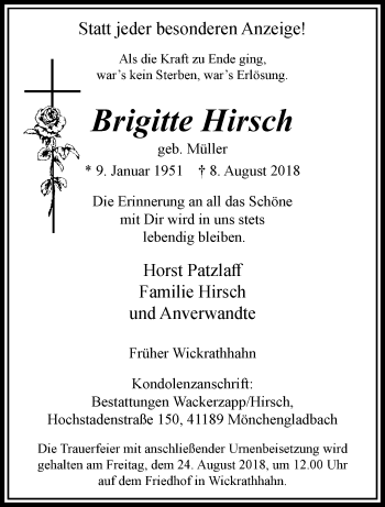 Traueranzeige von Brigitte Hirsch von trauer.extra-tipp-moenchengladbach.de