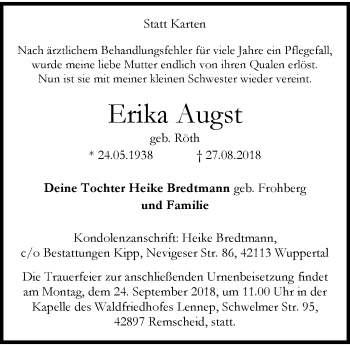 Traueranzeige von Erika Augst von trauer.wuppertaler-rundschau.de