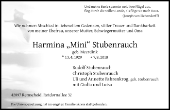 Traueranzeige von Harmina Stubenrauch von trauer.wuppertaler-rundschau.de