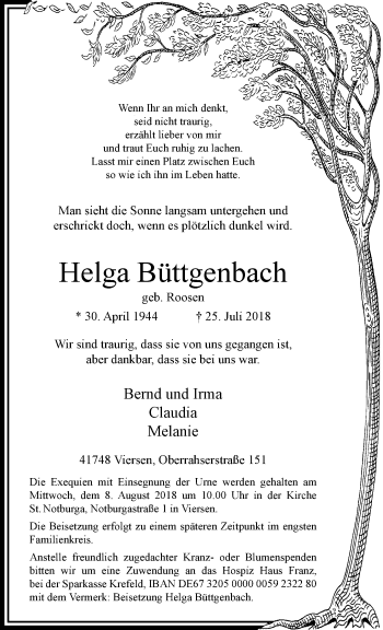 Traueranzeige von Helga Büttgenbach von trauer.extra-tipp-moenchengladbach.de