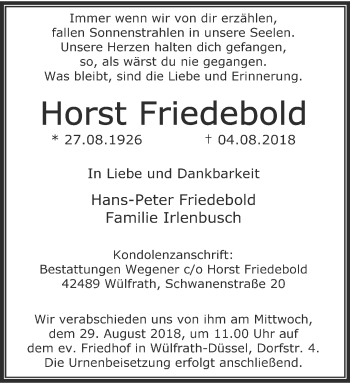 Traueranzeige von Horst Friedebold von trauer.wuppertaler-rundschau.de