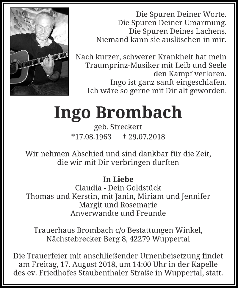  Traueranzeige für Ingo Brombach vom 11.08.2018 aus trauer.wuppertaler-rundschau.de