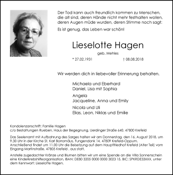 Traueranzeige von Lieselotte Hagen von trauer.mein.krefeld.de