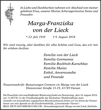 Traueranzeige von Marga-Franziska von der Lieck von trauer.extra-tipp-moenchengladbach.de