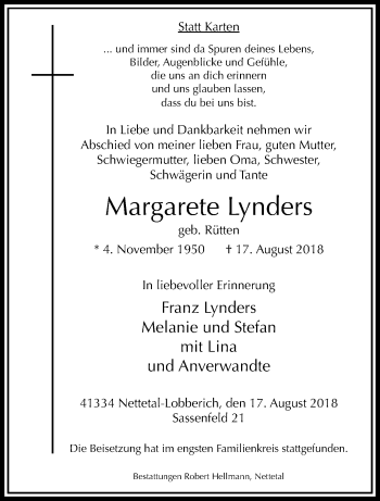 Traueranzeige von Margarete Lynders von trauer.extra-tipp-moenchengladbach.de